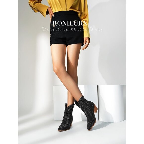 Women Black Rhinestone Western Cowboy Boots Pointed Toe Mid Heel Fashion - Picture 6 of 8